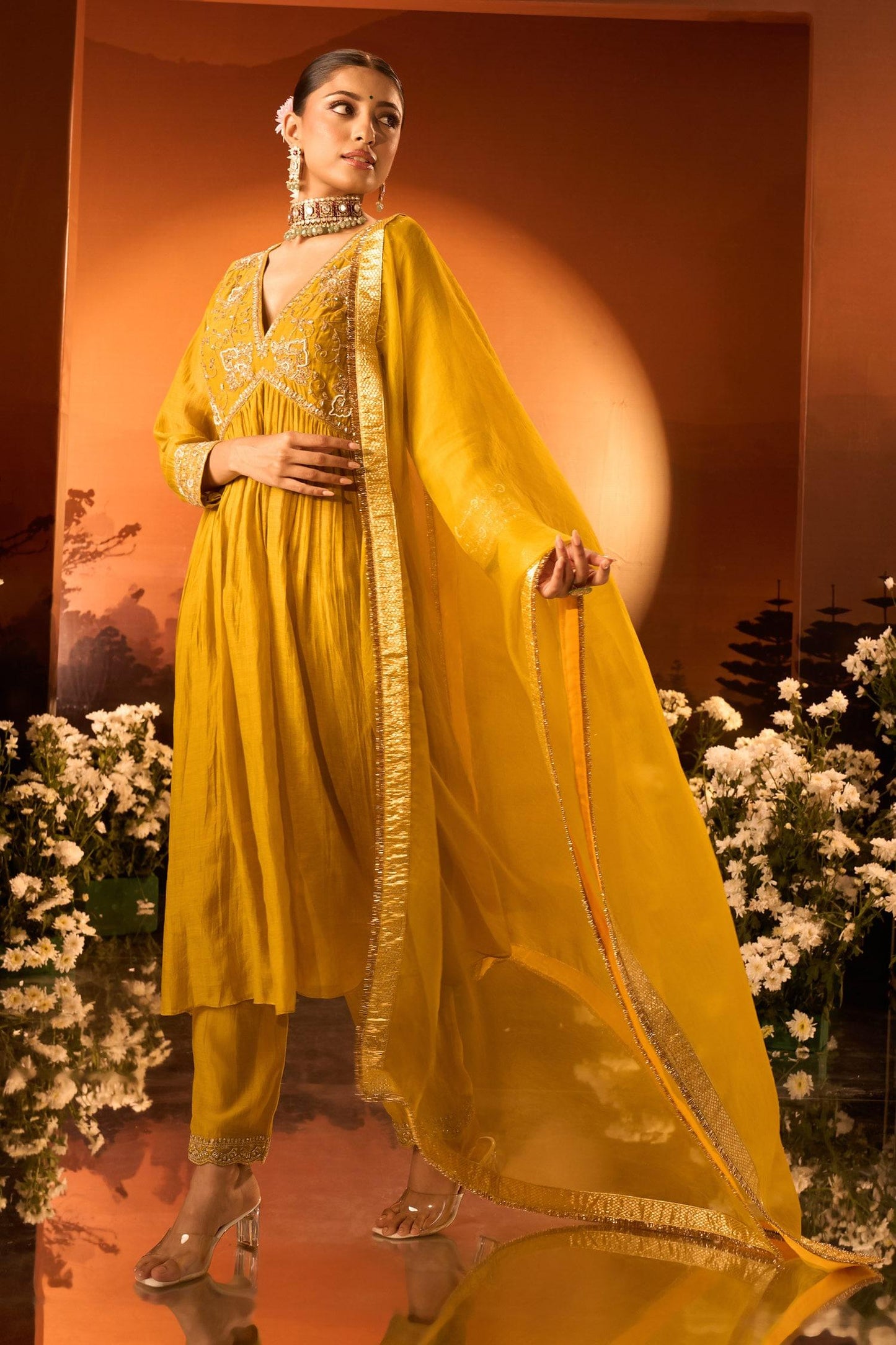 Yellow Silk, Chanderi, Organza Embroidery Anarkali Set With Pant And Dupatta - Designer Kurta Set