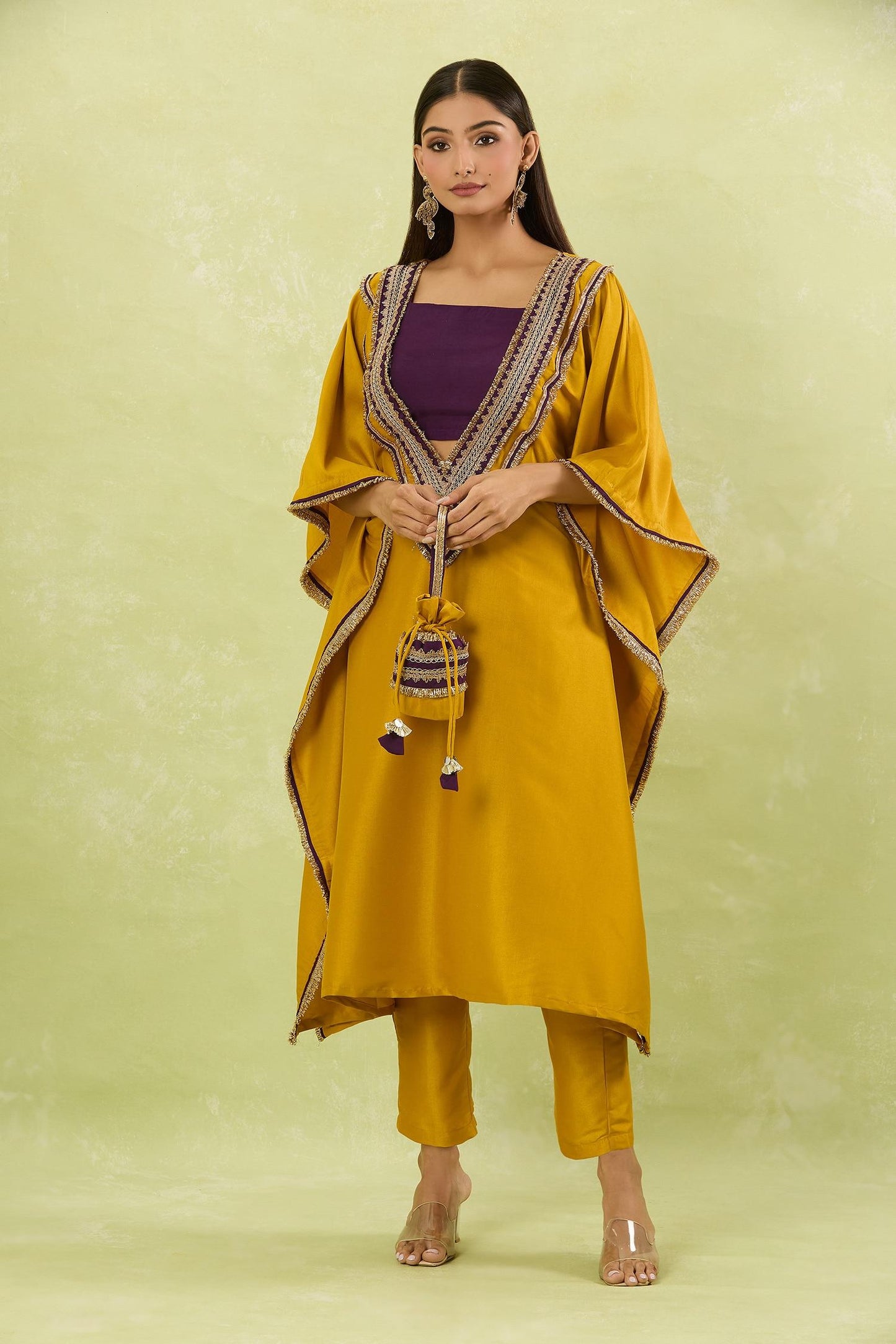 Yellow Silk Lace, Embroidery Plunge Neck Contrast Hand Embellished Kaftan Set - Designer Kurta Set