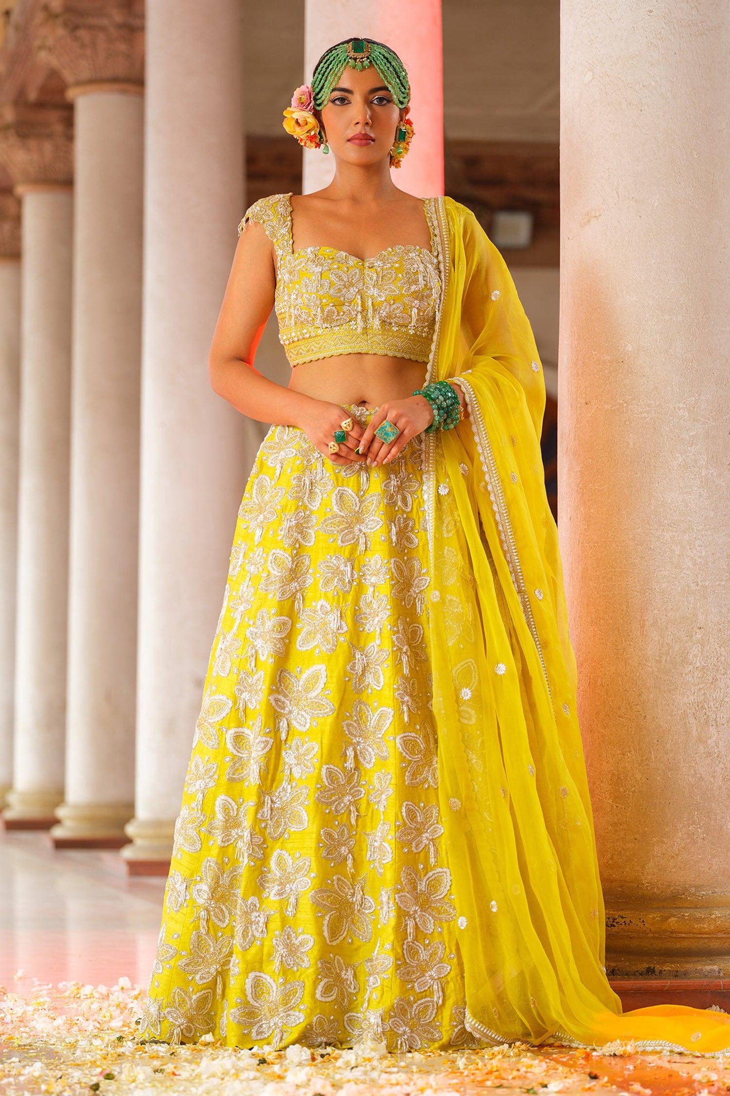 Yellow Silk, Organza Embroidery, Cut Work Sweetheart Gullista Jaal Lehenga Set - Designer Kurta Set