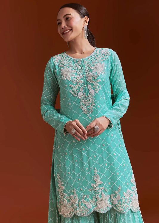 Aqua Blue Chinon Sharara Trousers Ensemble Featuring Cutdana Sequins