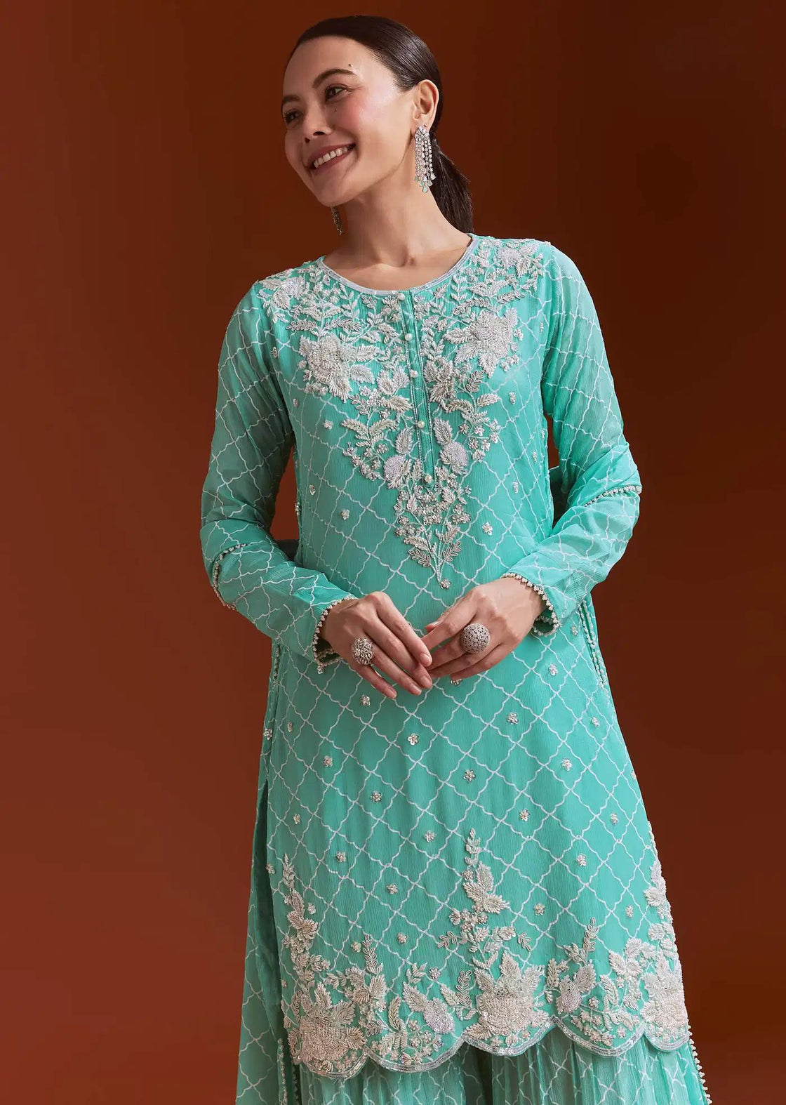 Aqua Blue Chinon Sharara Trousers Ensemble Featuring Cutdana Sequins