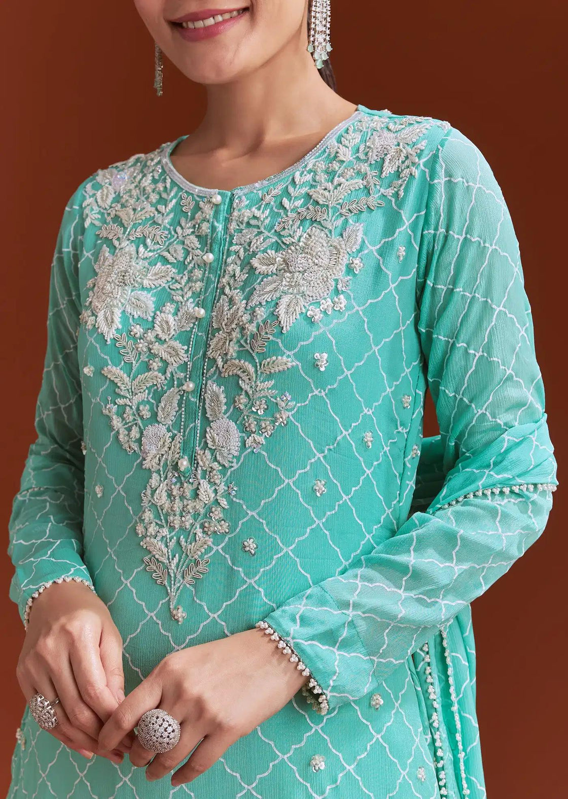 Aqua Blue Chinon Sharara Trousers Ensemble Featuring Cutdana Sequins