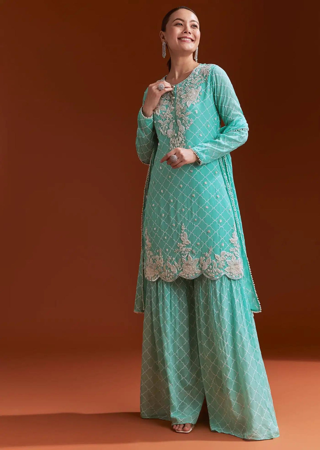 Aqua Blue Chinon Sharara Trousers Ensemble Featuring Cutdana Sequins
