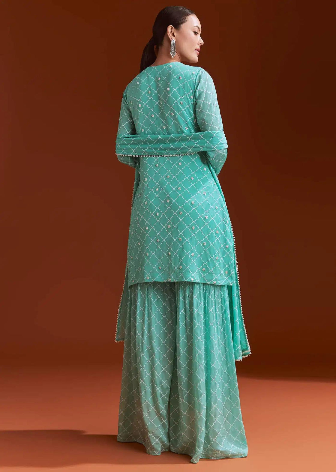 Aqua Blue Chinon Sharara Trousers Ensemble Featuring Cutdana Sequins