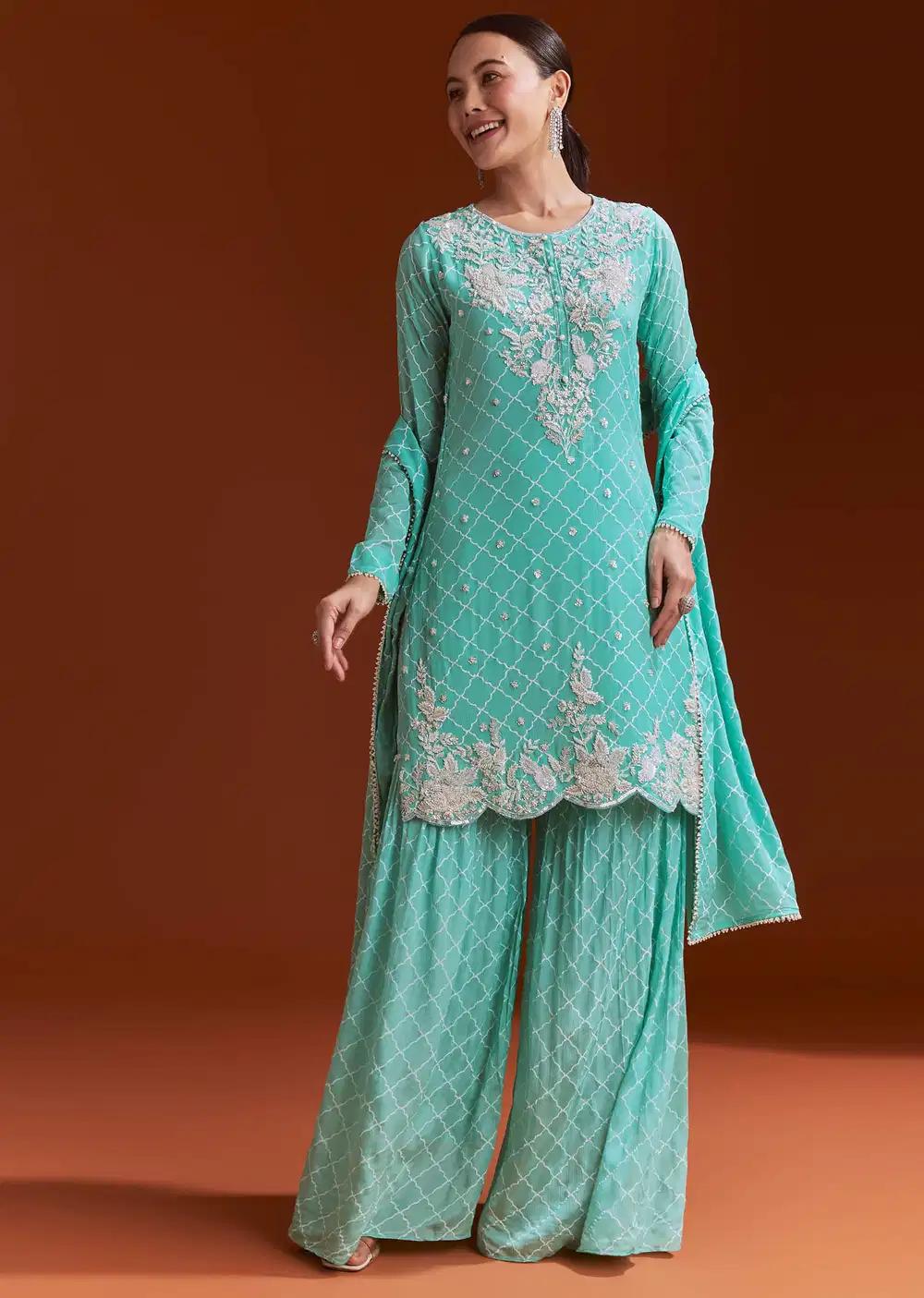 Aqua Blue Chinon Sharara Trousers Ensemble Featuring Cutdana Sequins