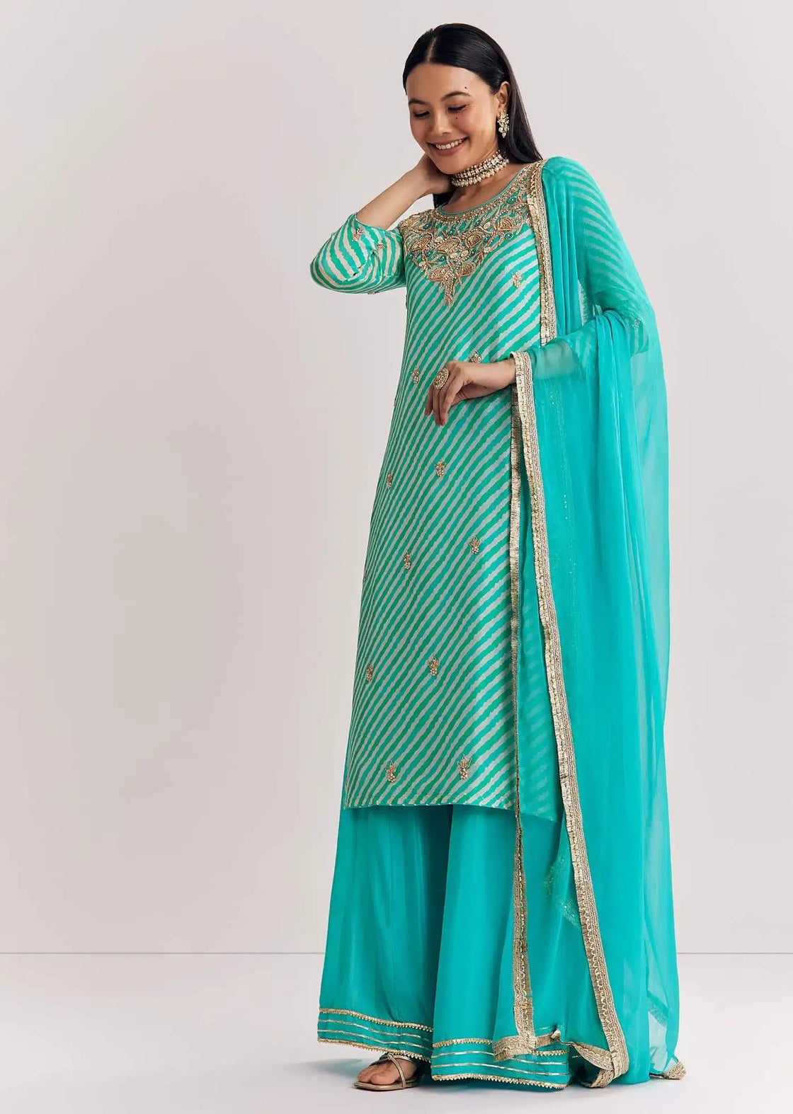 Aqua Blue Leheriya Tunic Palazzo Trousers Outfit Featuring Zardosi Moti Detailing