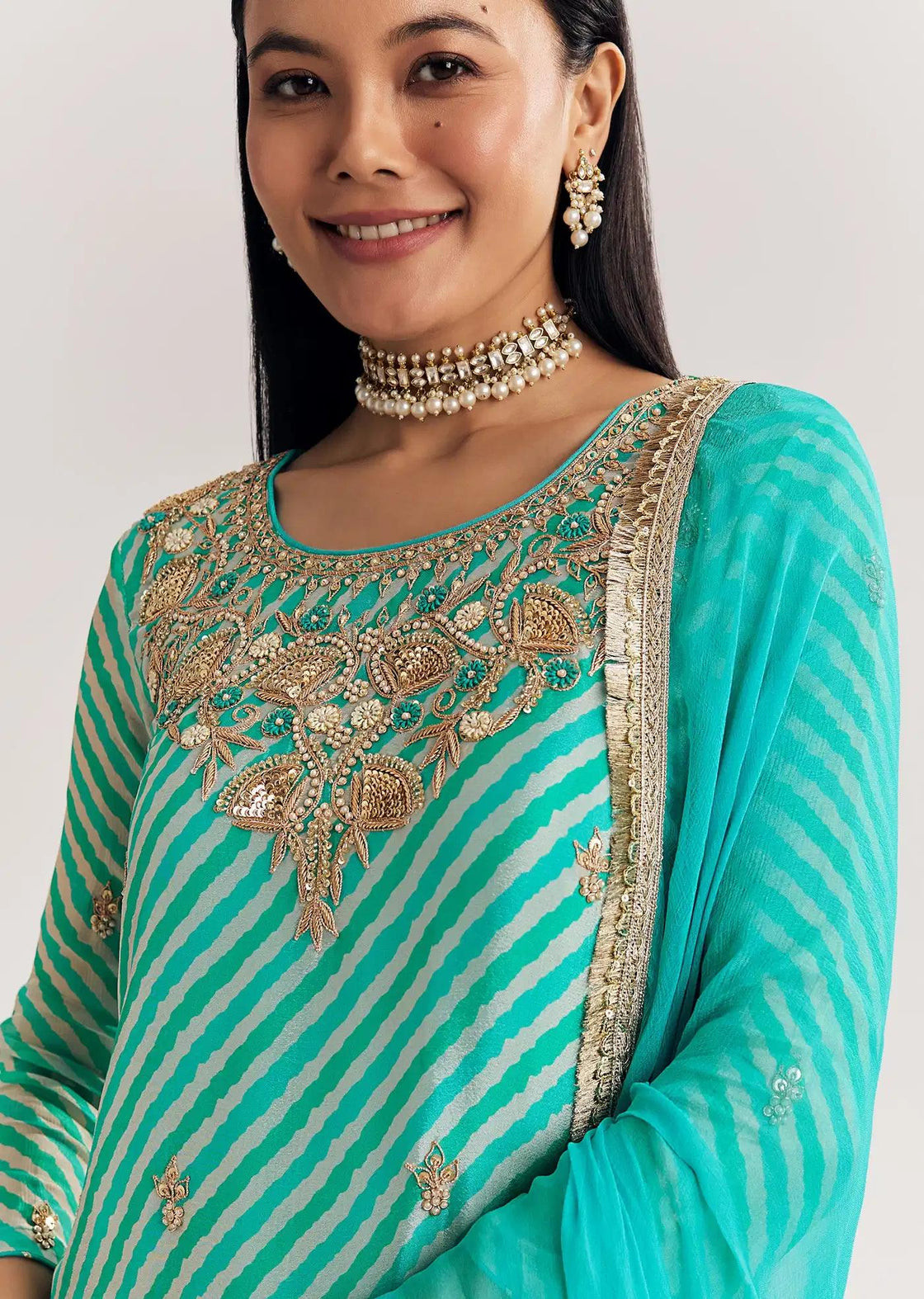 Aqua Blue Leheriya Tunic Palazzo Trousers Outfit Featuring Zardosi Moti Detailing