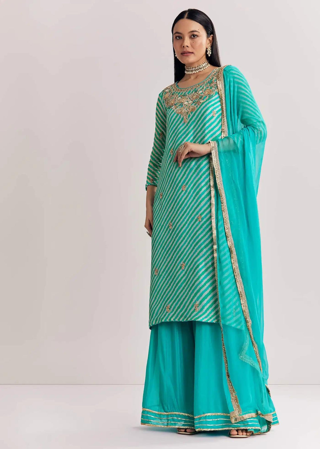 Aqua Blue Leheriya Tunic Palazzo Trousers Outfit Featuring Zardosi Moti Detailing