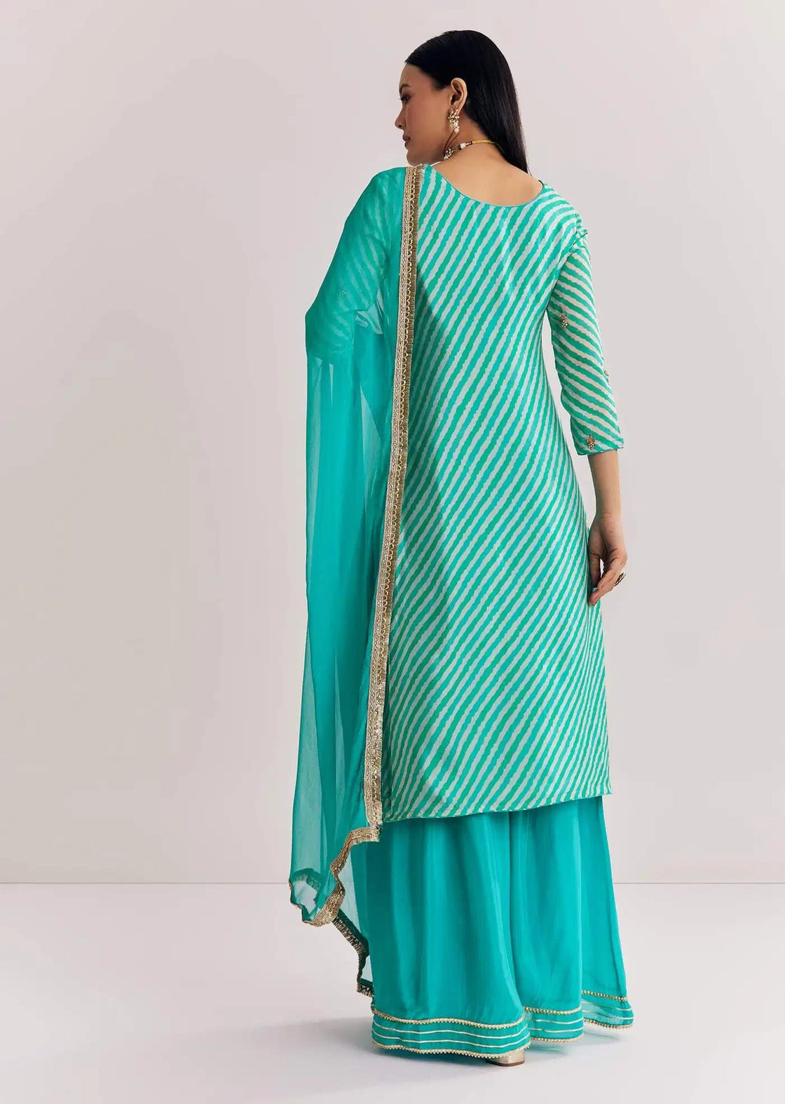 Aqua Blue Leheriya Tunic Palazzo Trousers Outfit Featuring Zardosi Moti Detailing