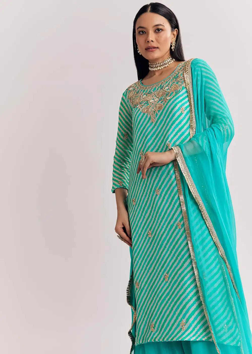 Aqua Blue Leheriya Tunic Palazzo Trousers Outfit Featuring Zardosi Moti Detailing