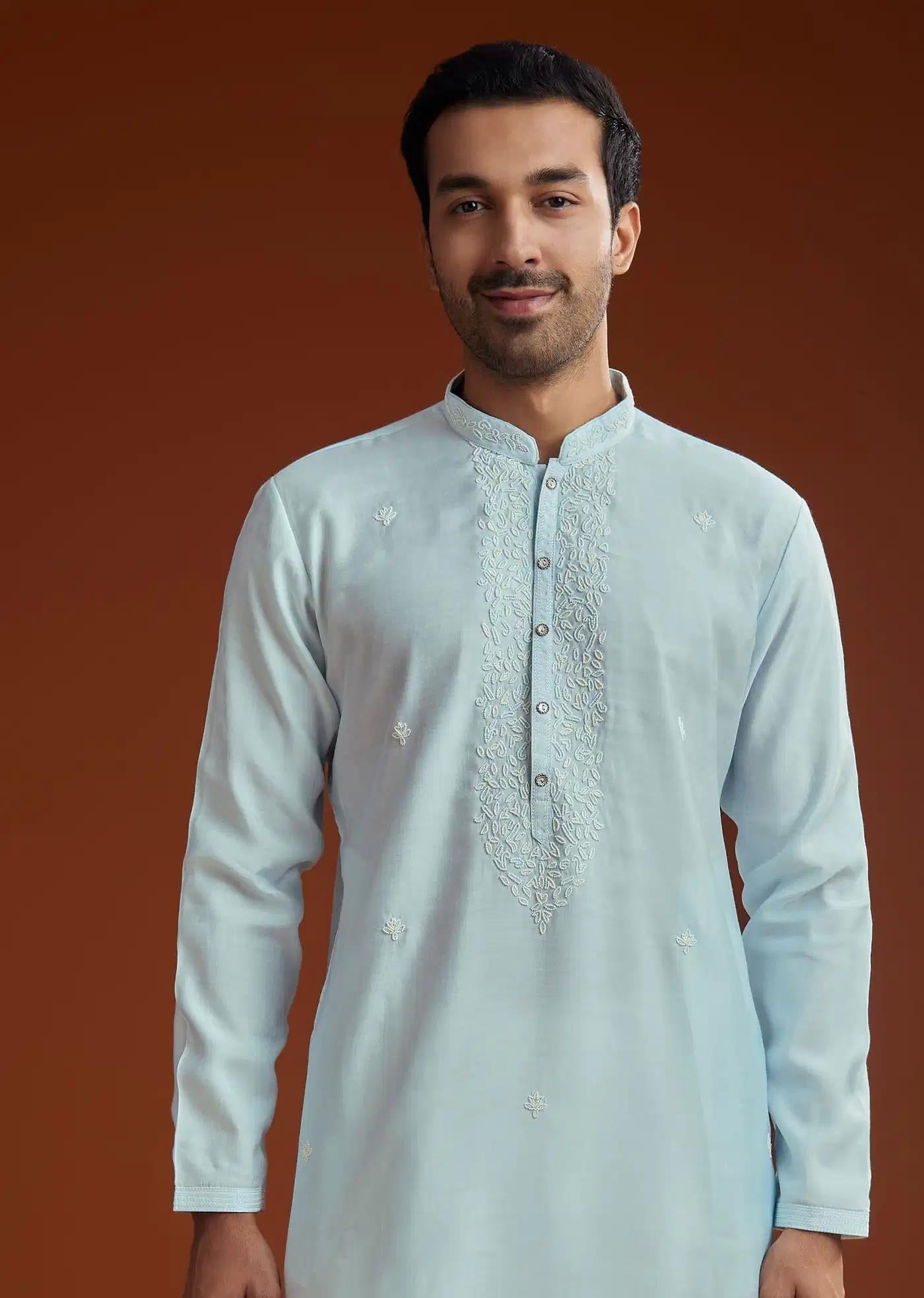Aqua Blue Silk Embroidered Kurta Set Elegant Designer Kurta Sets