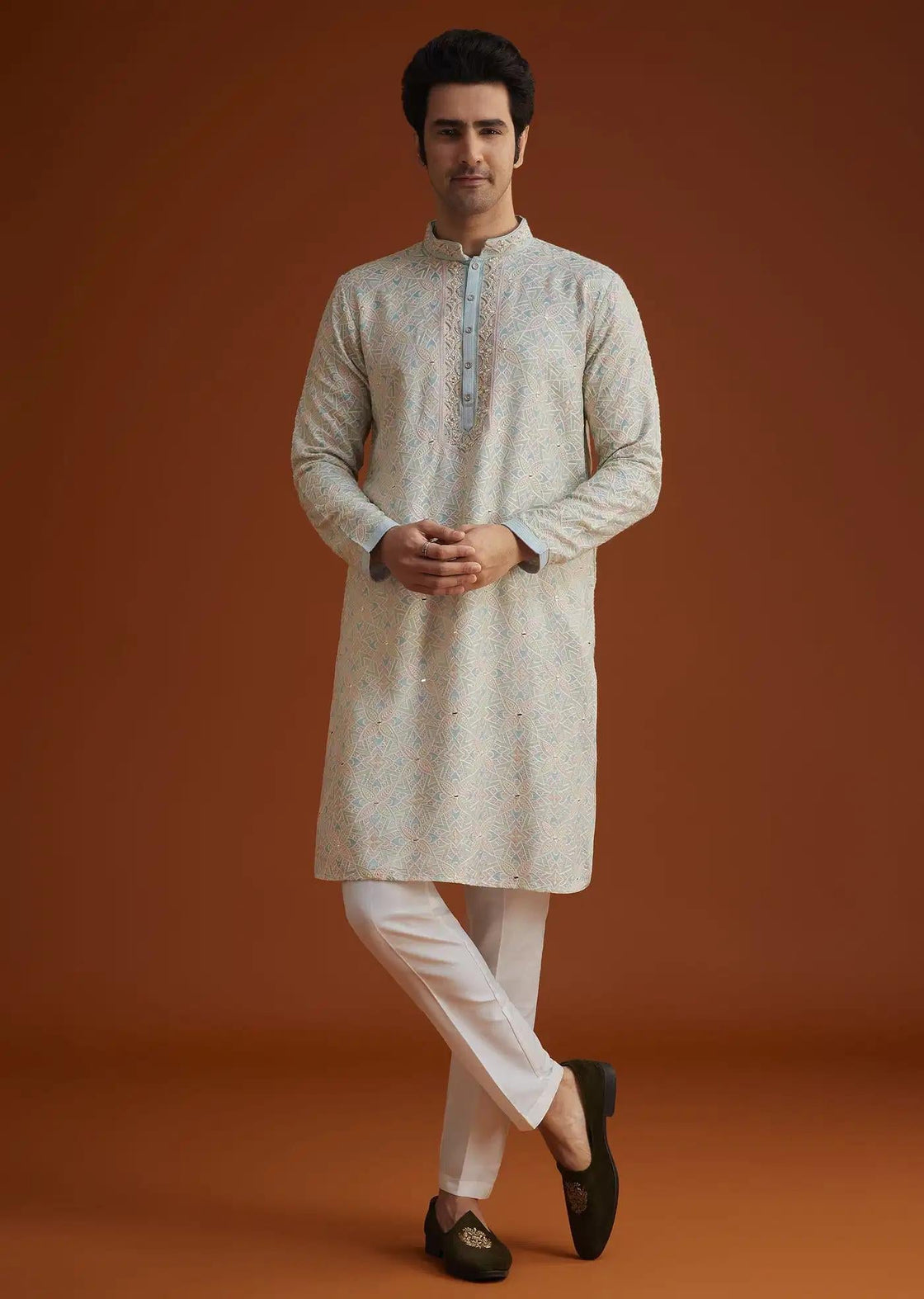 Aqua Blue Silk Kurta Set With Hand Embroidery Elegant Designer Kurta Sets