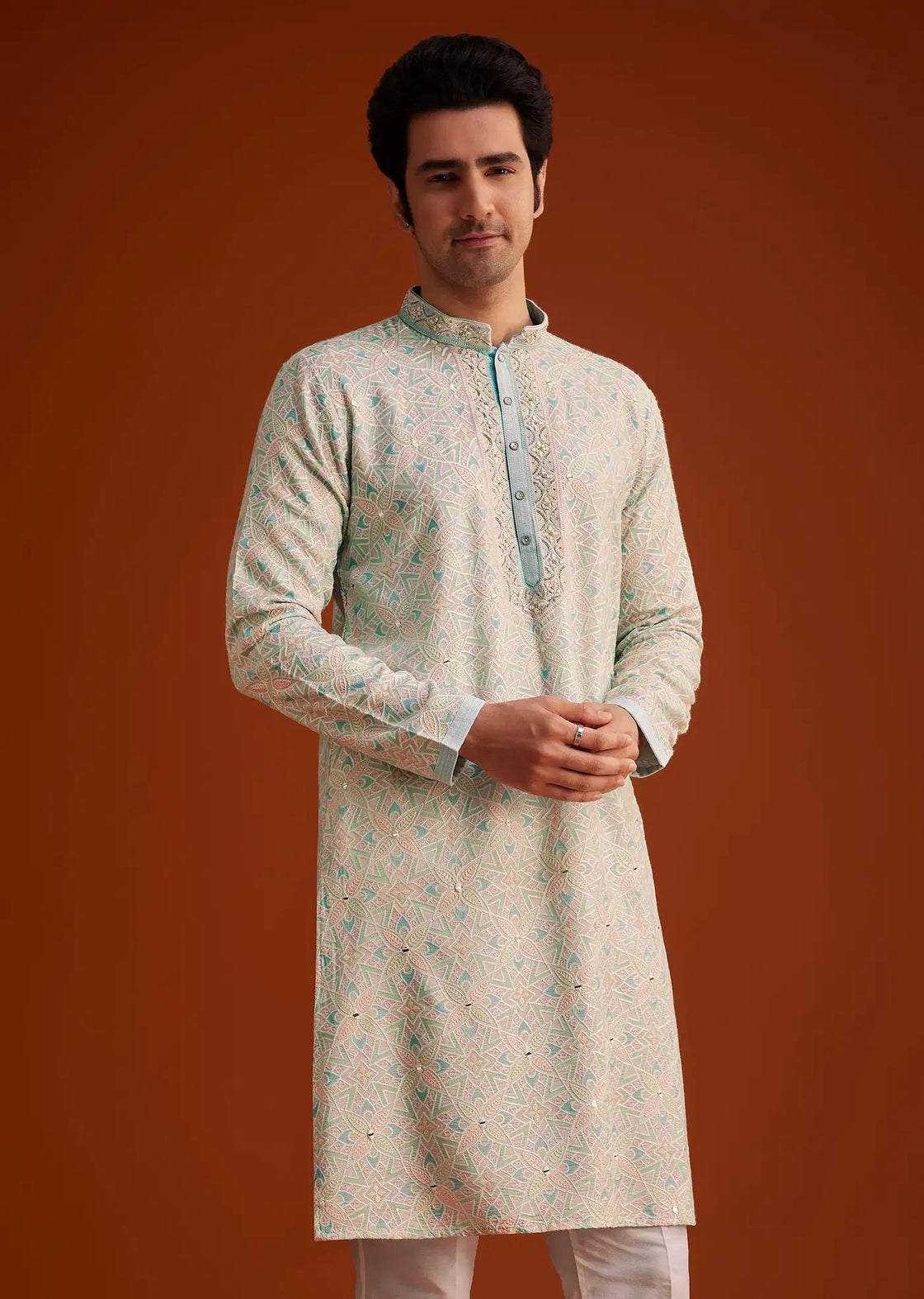 Aqua Blue Silk Kurta Set With Hand Embroidery Elegant Designer Kurta Sets