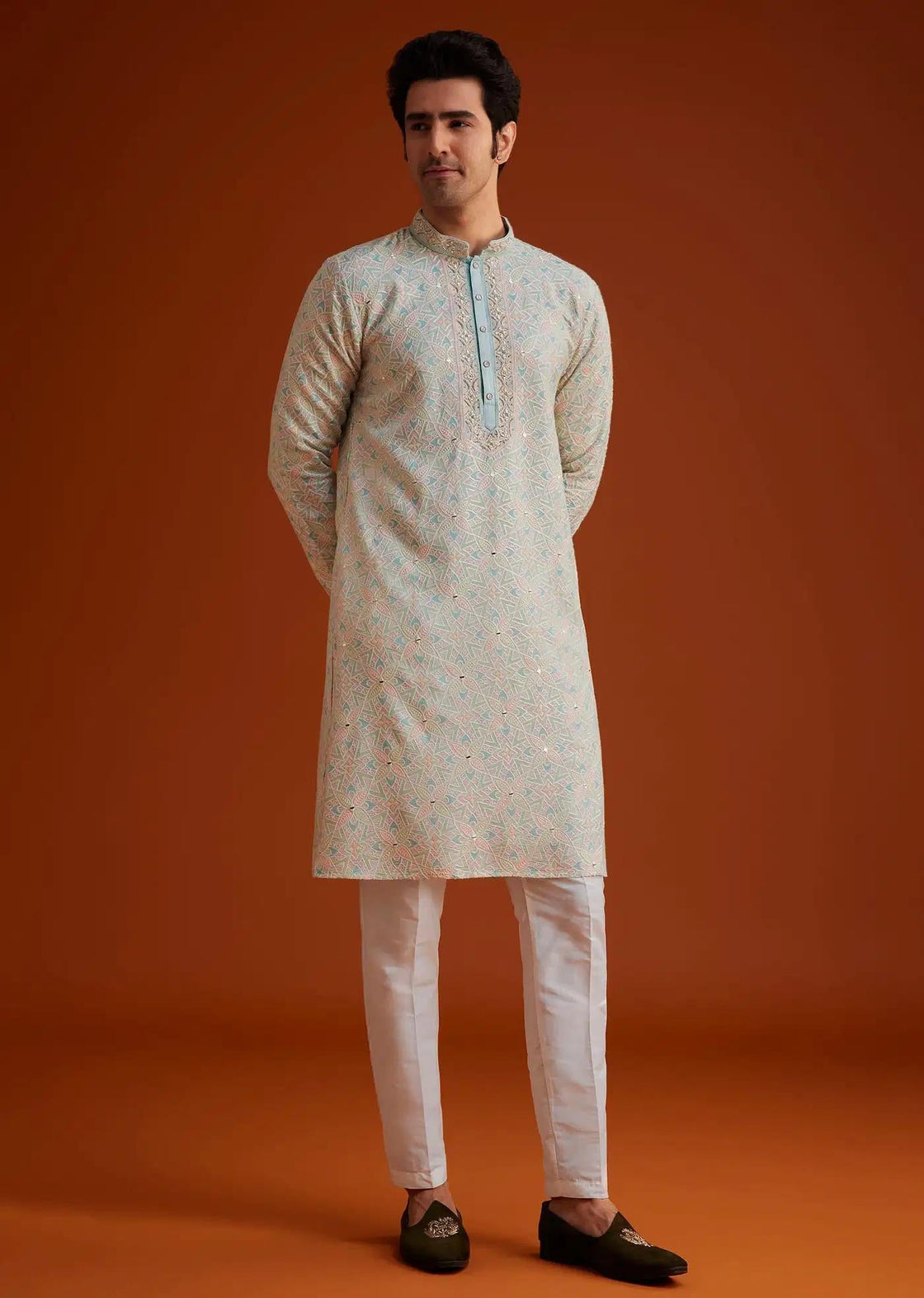 Aqua Blue Silk Kurta Set With Hand Embroidery Elegant Designer Kurta Sets