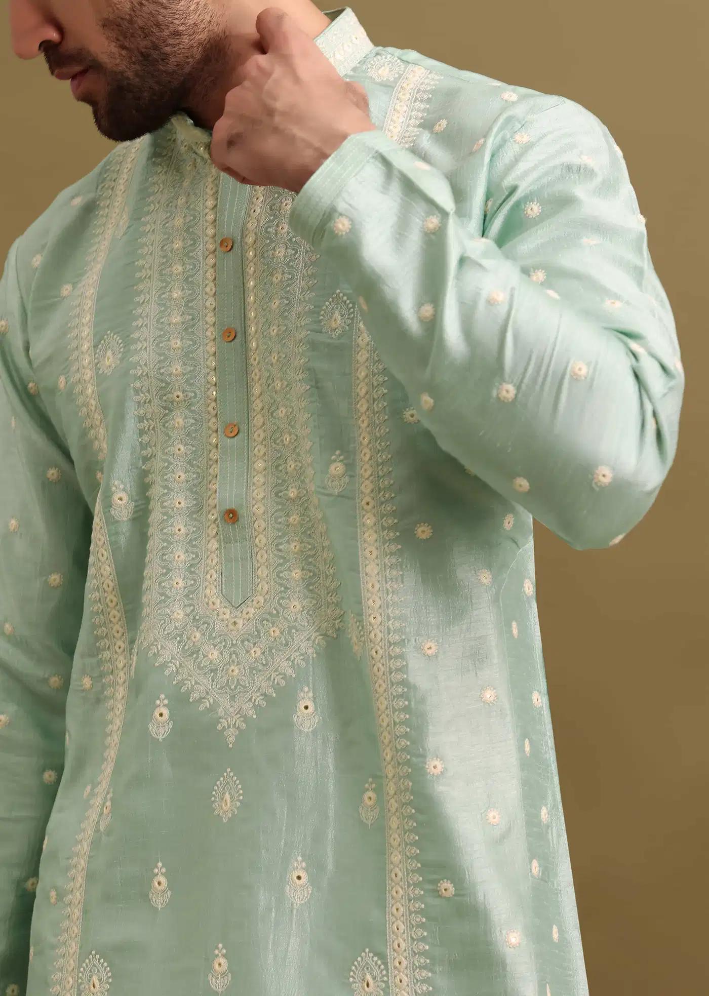 Aqua Blue Silk Kurta Set With Resham Work For Men Elegant Designer Kurta Sets