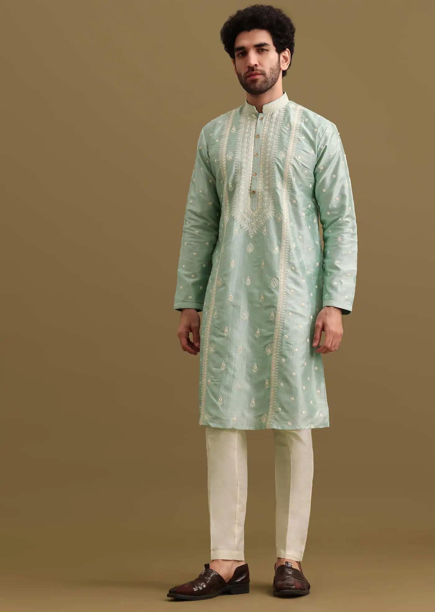 Aqua Blue Silk Kurta Set With Resham Work For Men Elegant Designer Kurta Sets