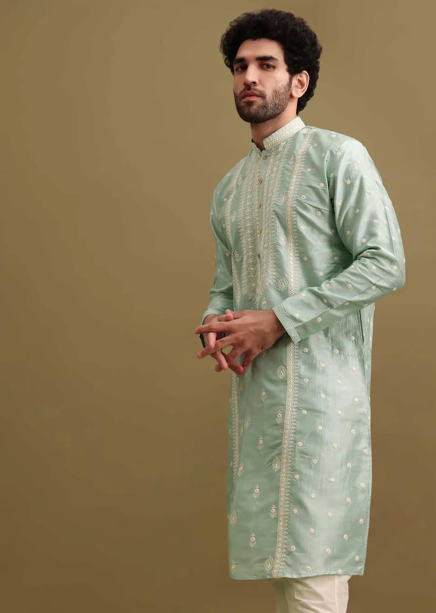 Aqua Blue Silk Kurta Set With Resham Work For Men Elegant Designer Kurta Sets