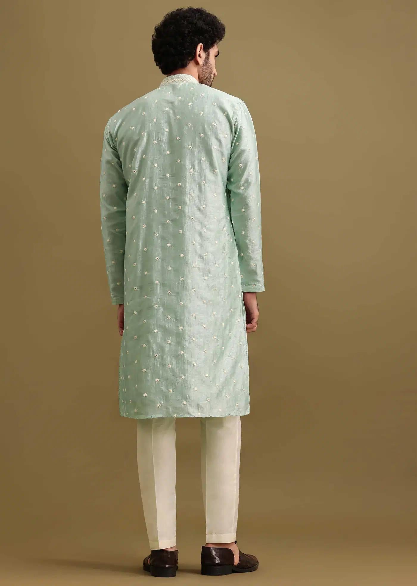 Aqua Blue Silk Kurta Set With Resham Work For Men Elegant Designer Kurta Sets