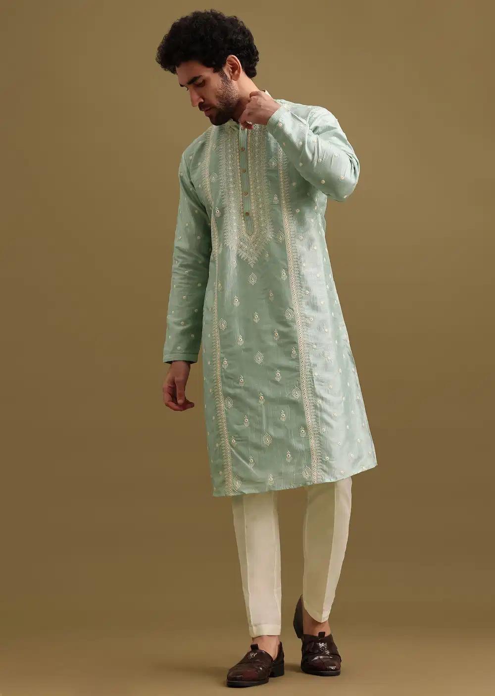Aqua Blue Silk Kurta Set With Resham Work For Men Elegant Designer Kurta Sets