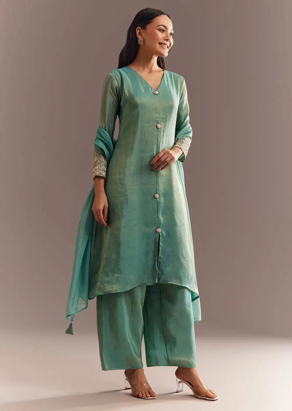 Aqua Blue Tissue Zardosi Kurta Pant With Organza Dupatta Outfit