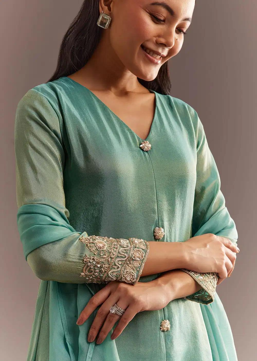 Aqua Blue Tissue Zardosi Kurta Pant With Organza Dupatta Outfit