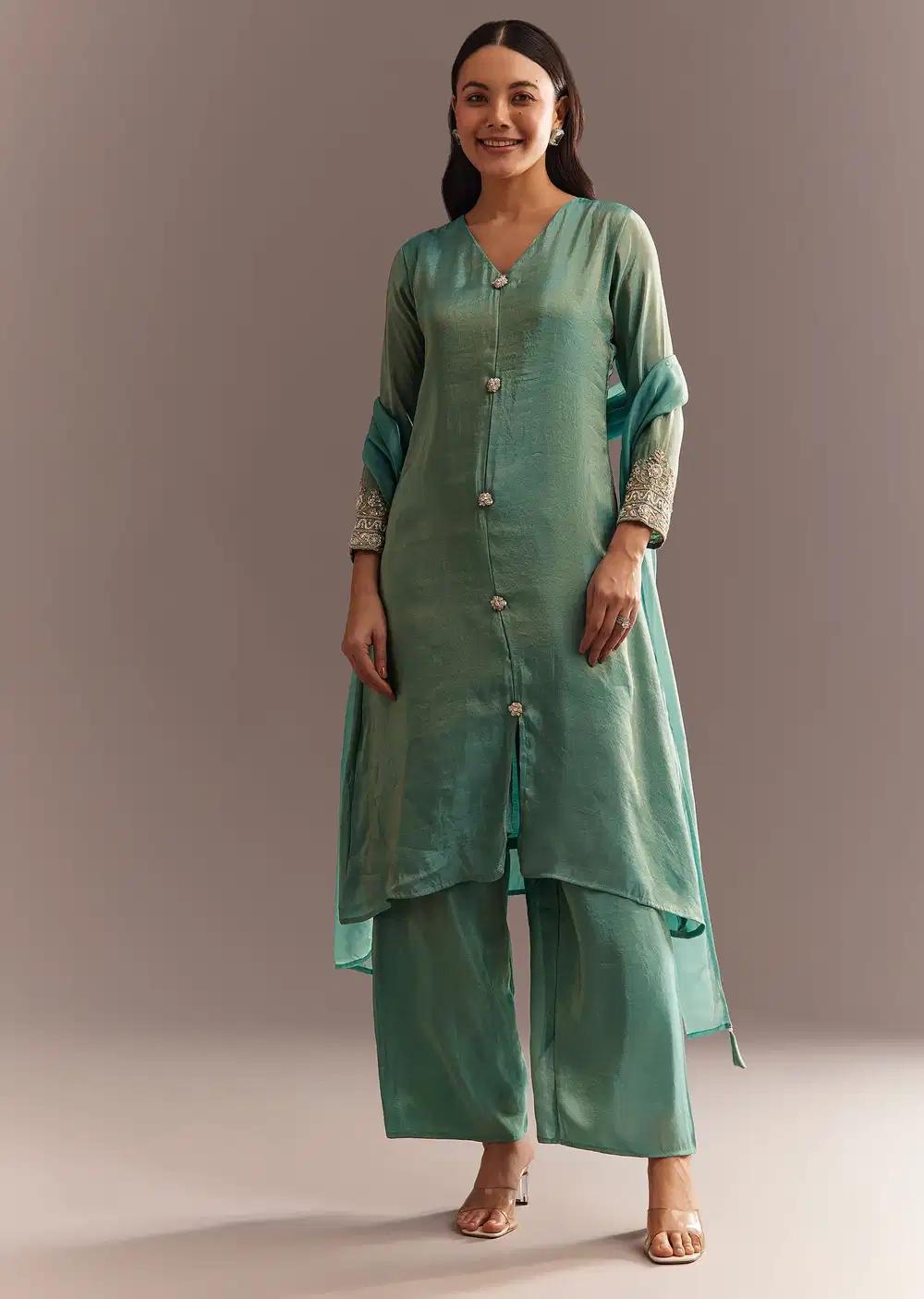 Aqua Blue Tissue Zardosi Kurta Pant With Organza Dupatta Outfit