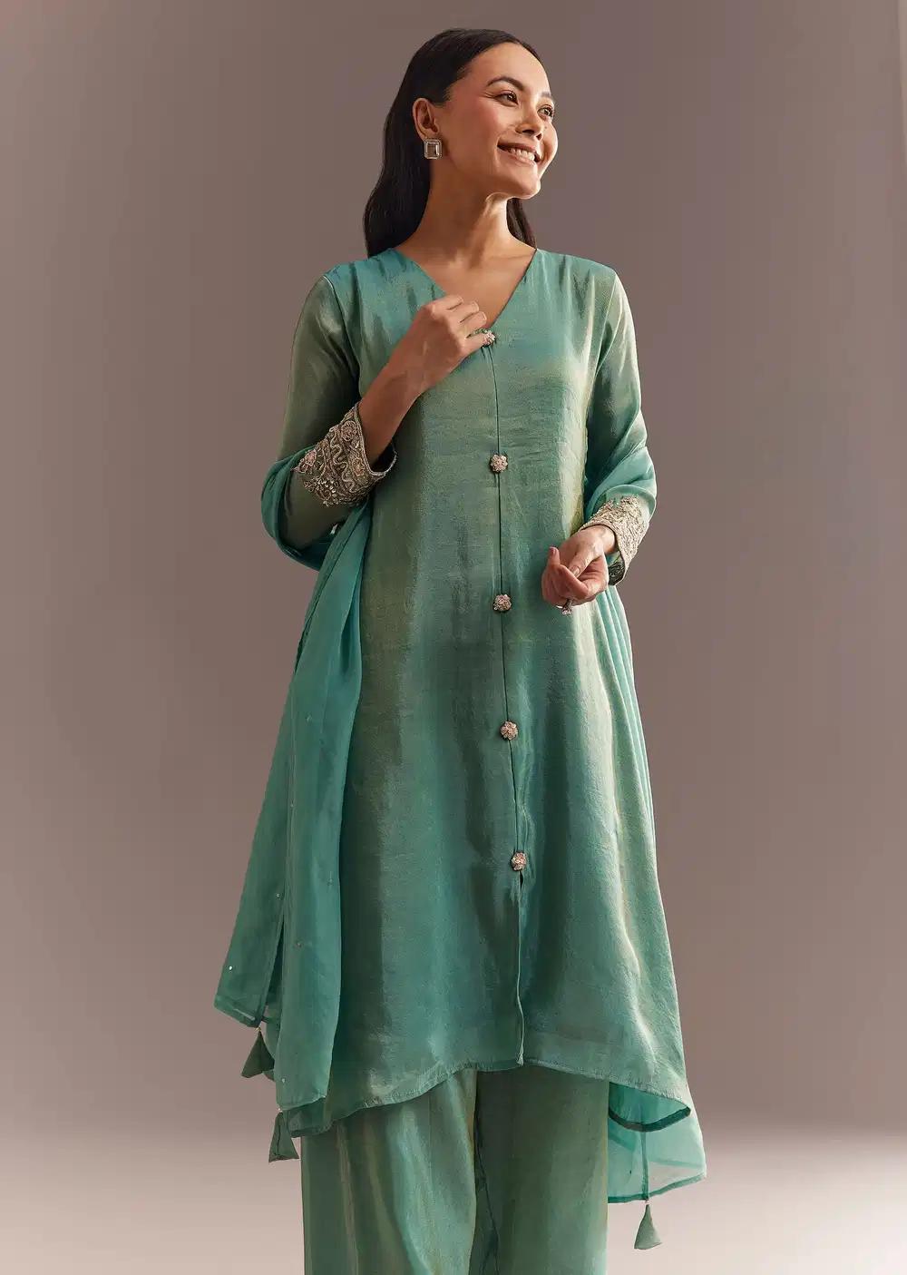 Aqua Blue Tissue Zardosi Kurta Pant With Organza Dupatta Outfit