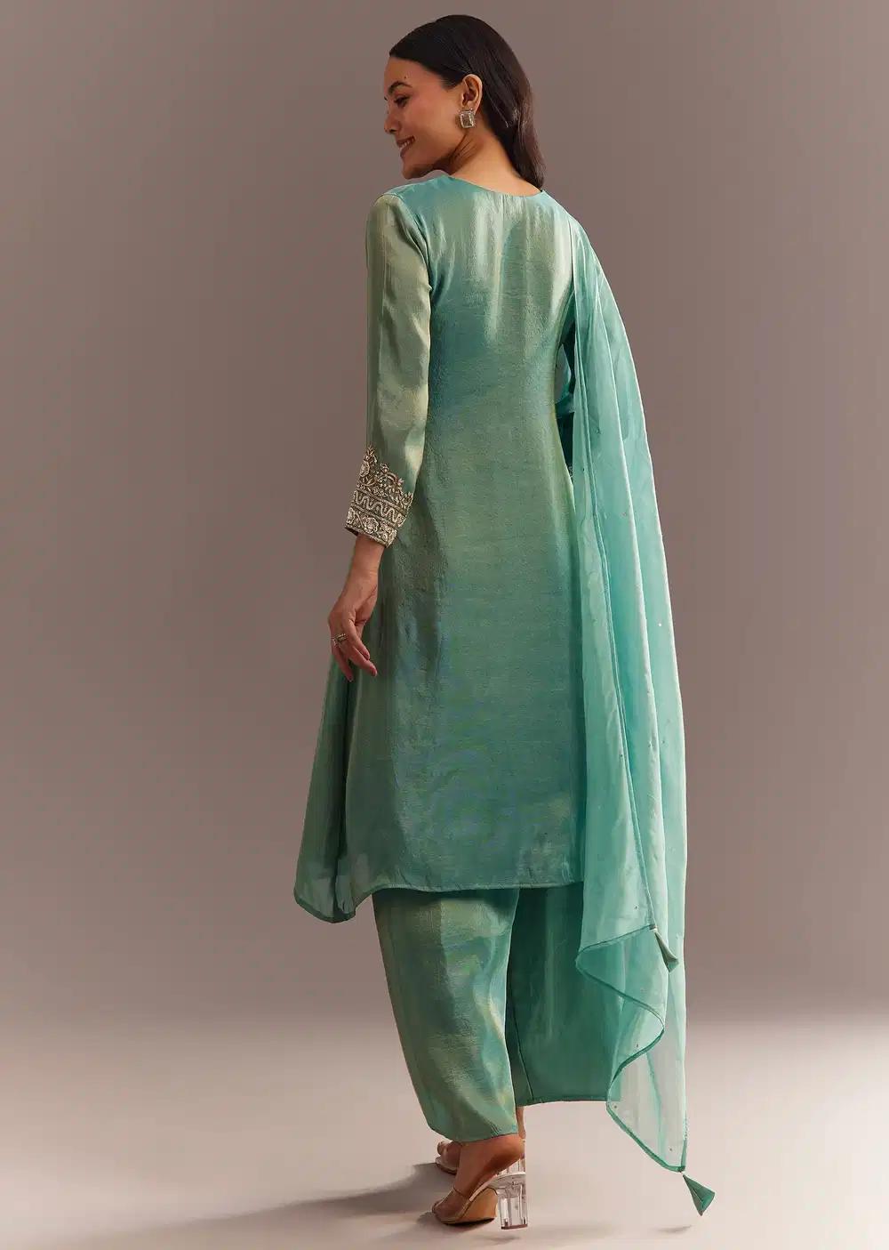 Aqua Blue Tissue Zardosi Kurta Pant With Organza Dupatta Outfit