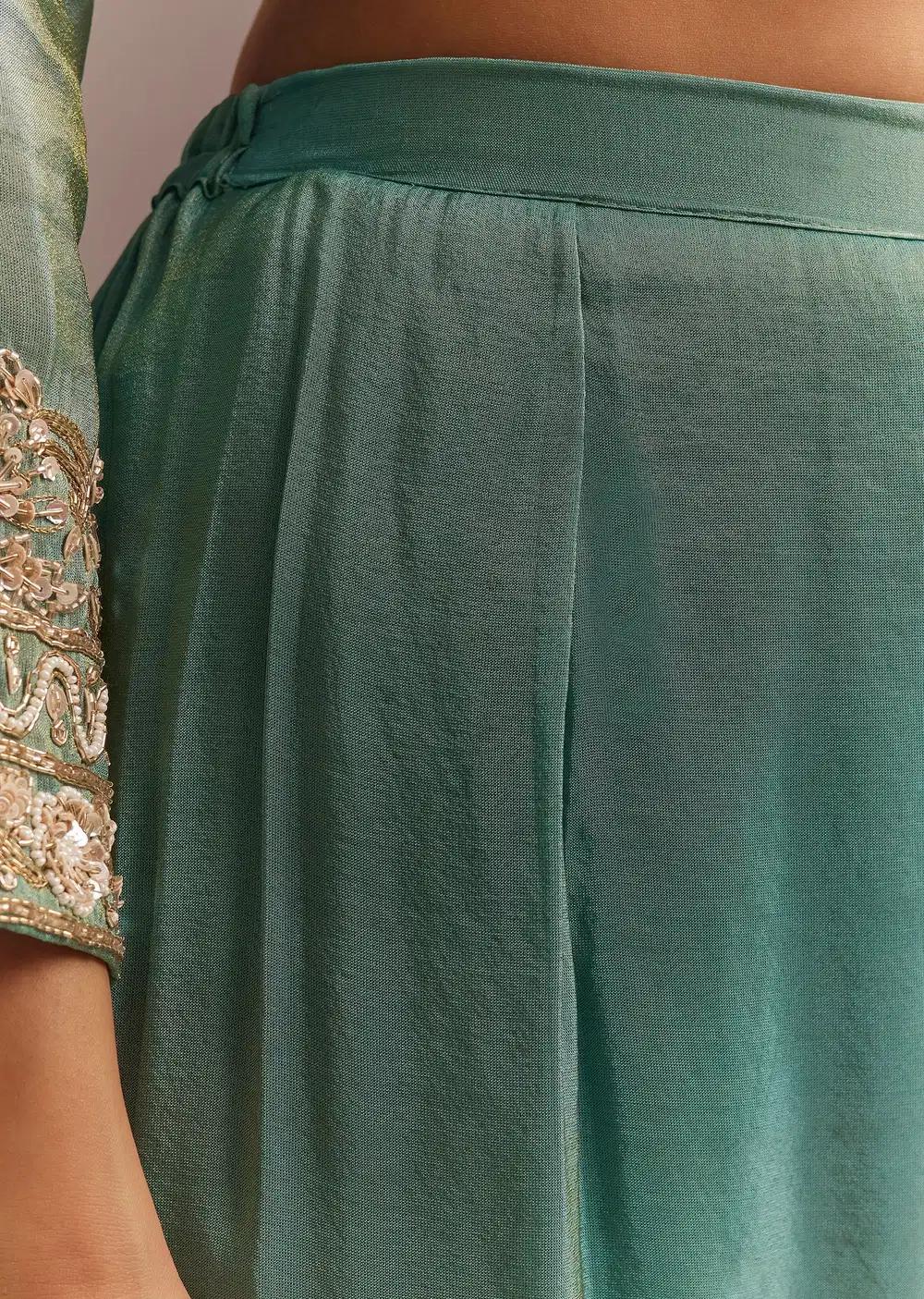 Aqua Blue Tissue Zardosi Kurta Pant With Organza Dupatta Outfit