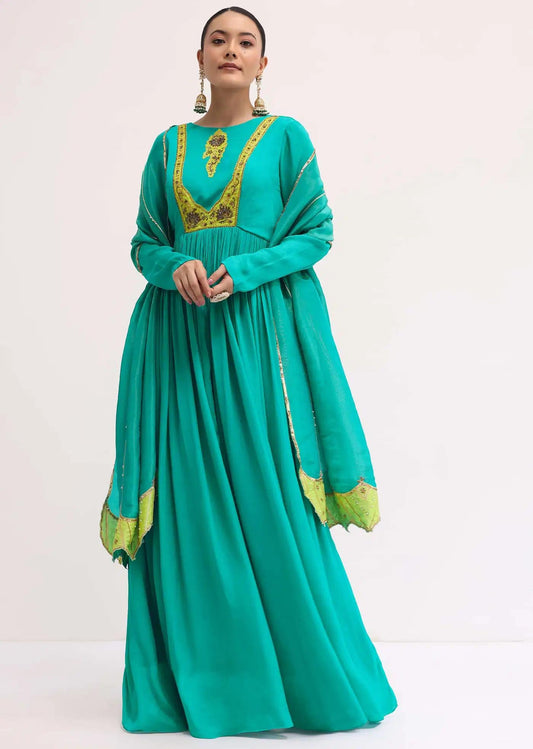 Aqua Green Chiffon Anarkali Dress Featuring Tissue Drape