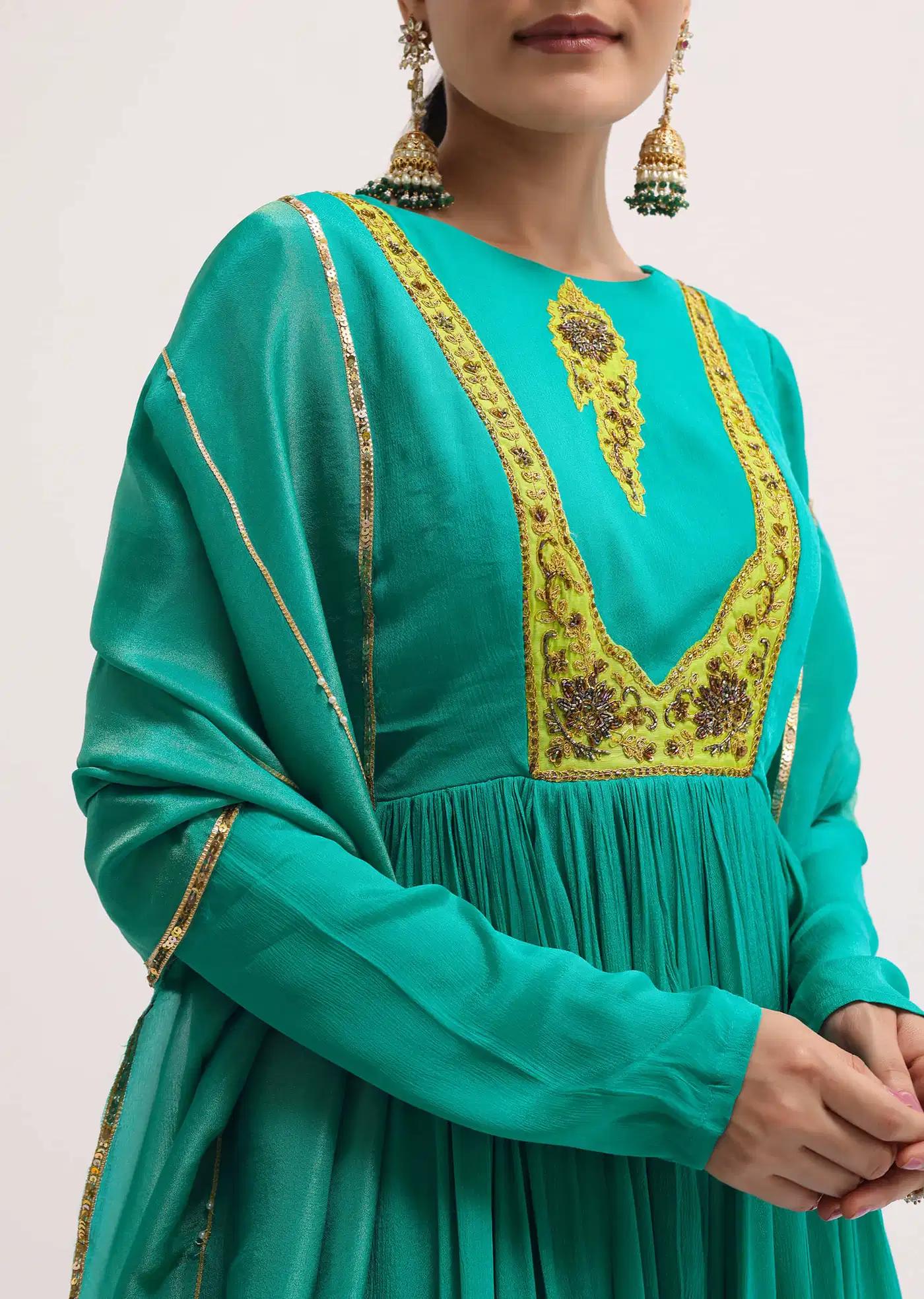 Aqua Green Chiffon Anarkali Dress Featuring Tissue Drape