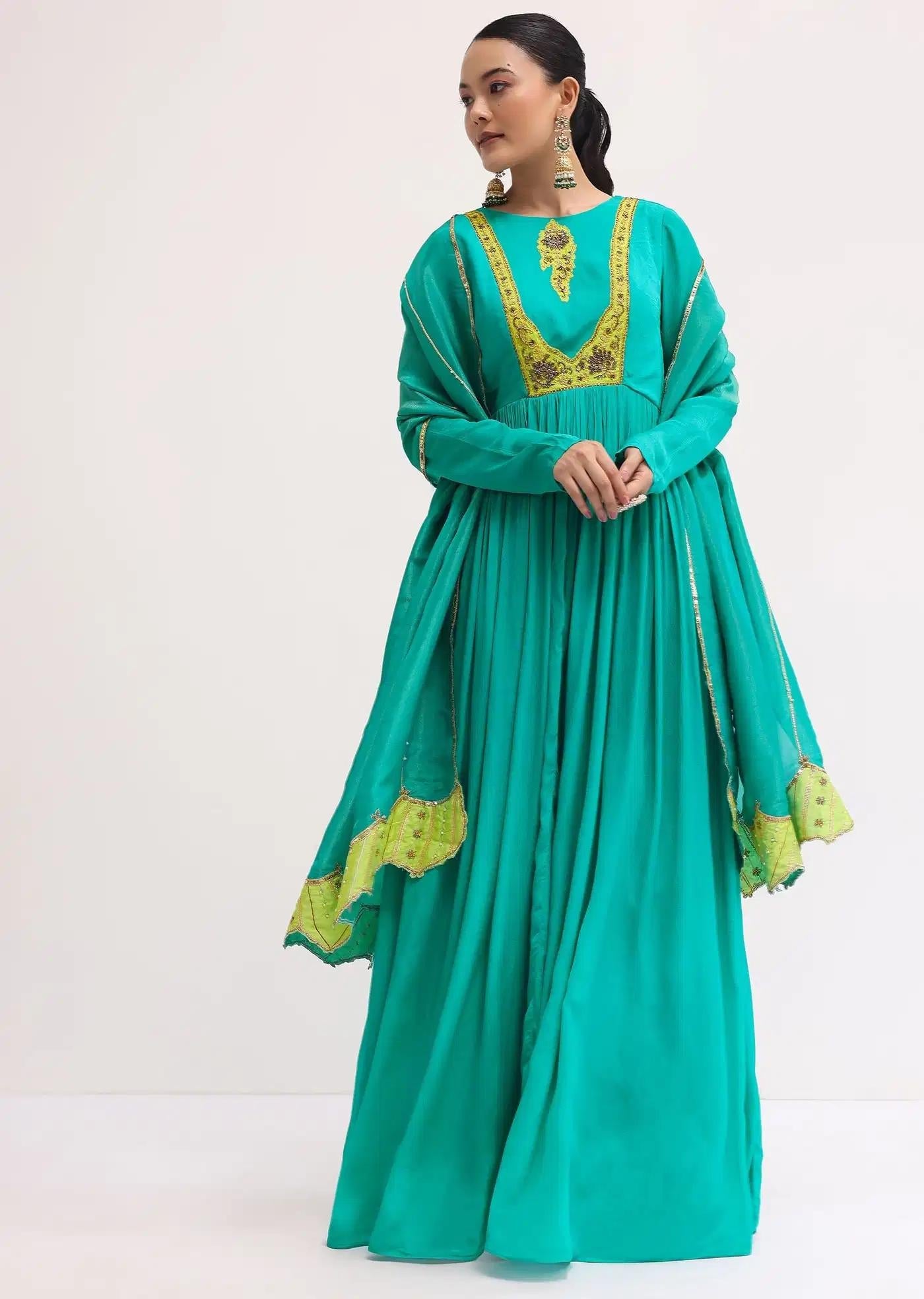 Aqua Green Chiffon Anarkali Dress Featuring Tissue Drape
