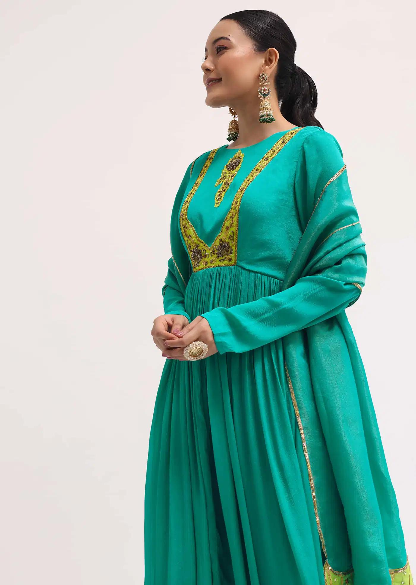 Aqua Green Chiffon Anarkali Dress Featuring Tissue Drape