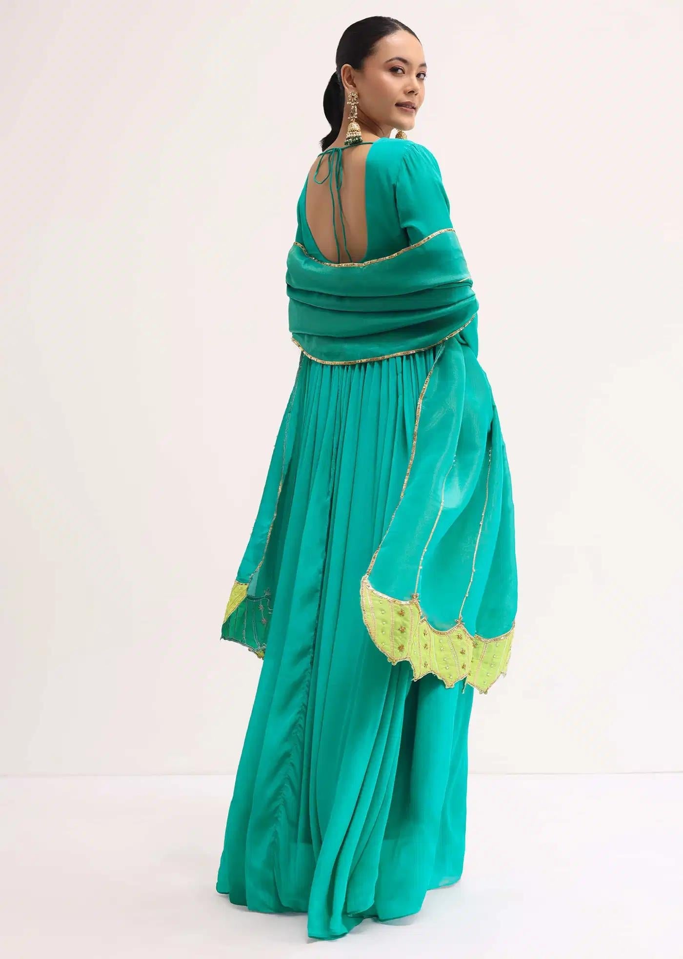 Aqua Green Chiffon Anarkali Dress Featuring Tissue Drape
