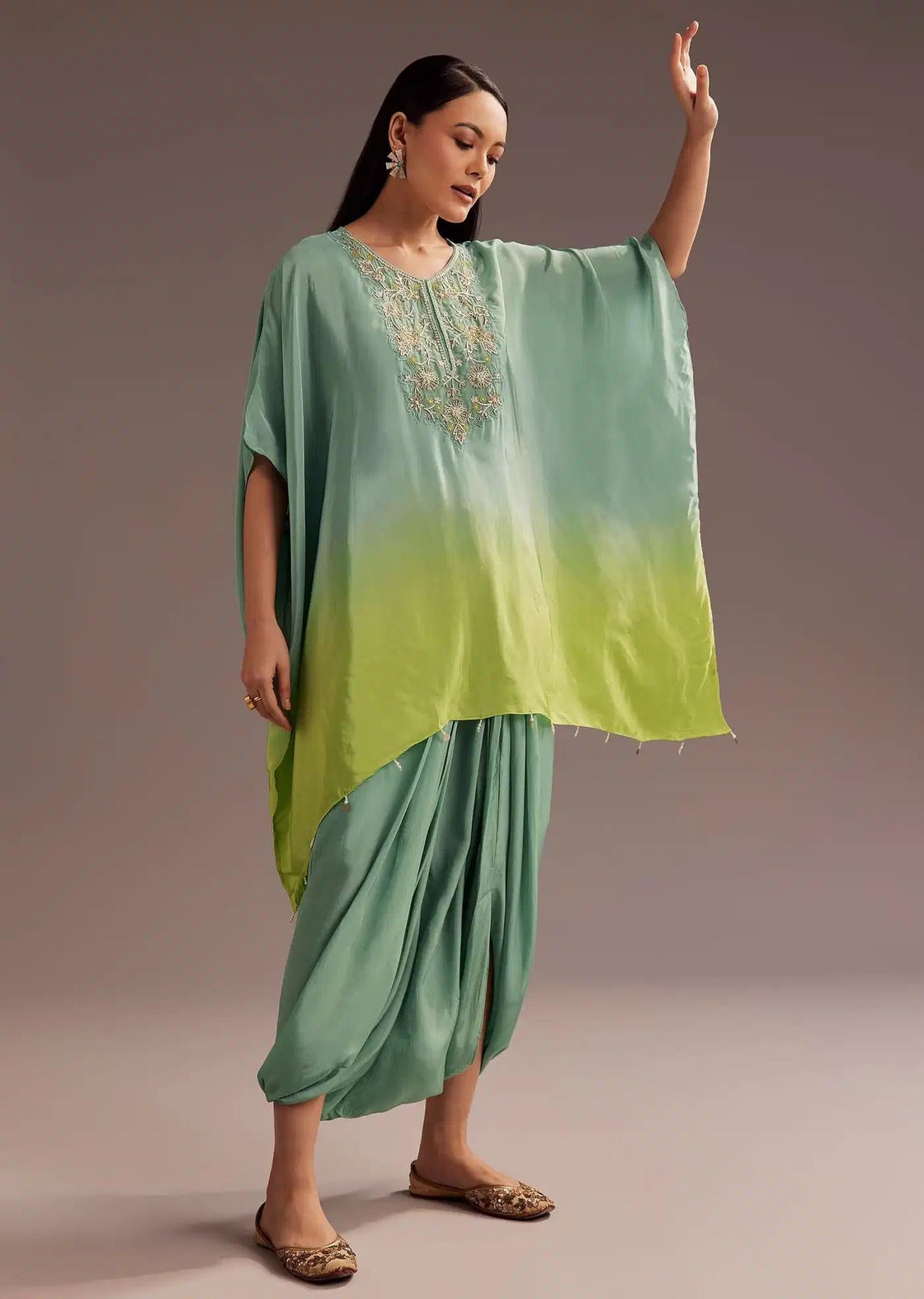 Aqua Green Ombre Kaftan Dhoti Set With Zardosi Embellishments