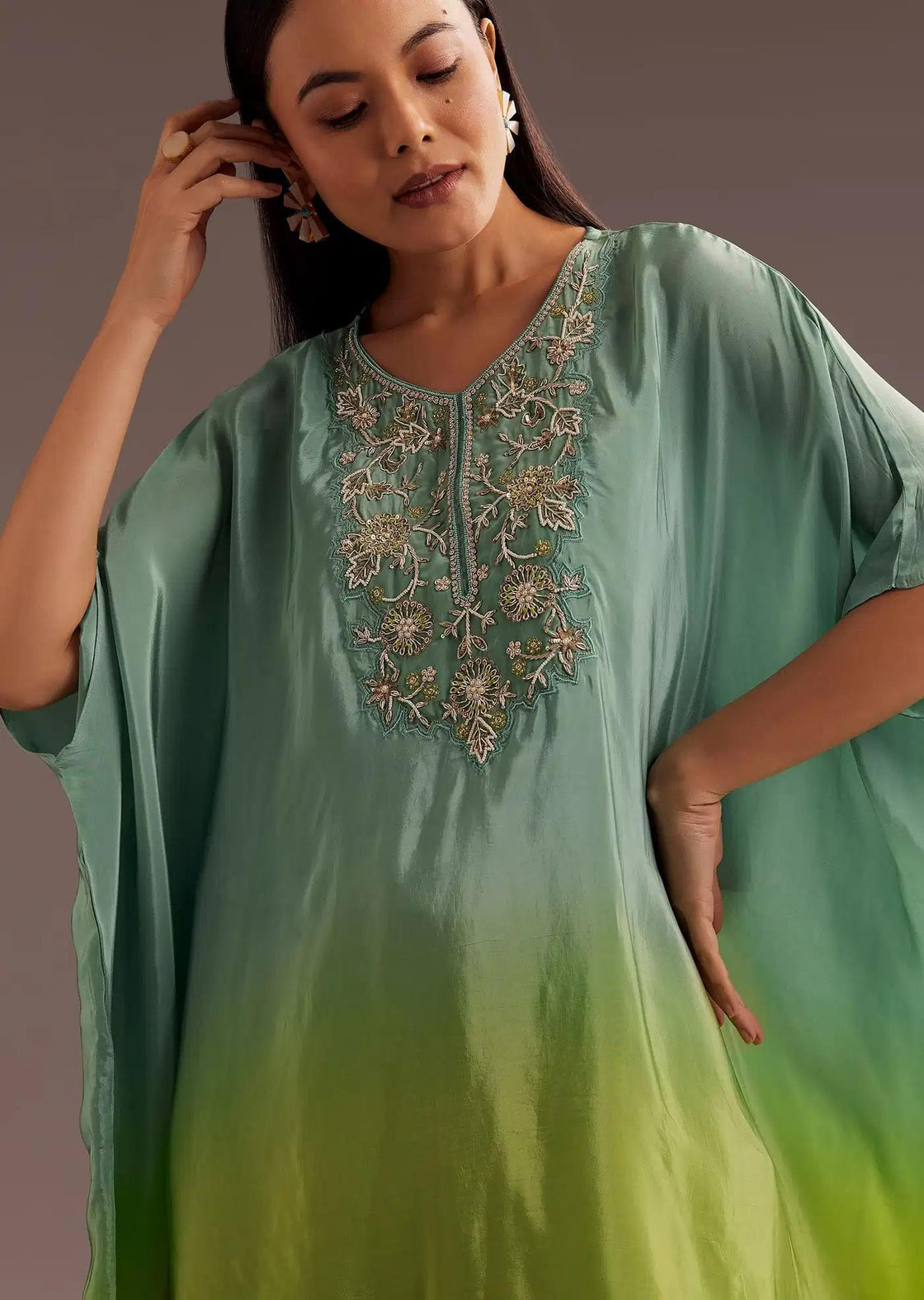 Aqua Green Ombre Kaftan Dhoti Set With Zardosi Embellishments
