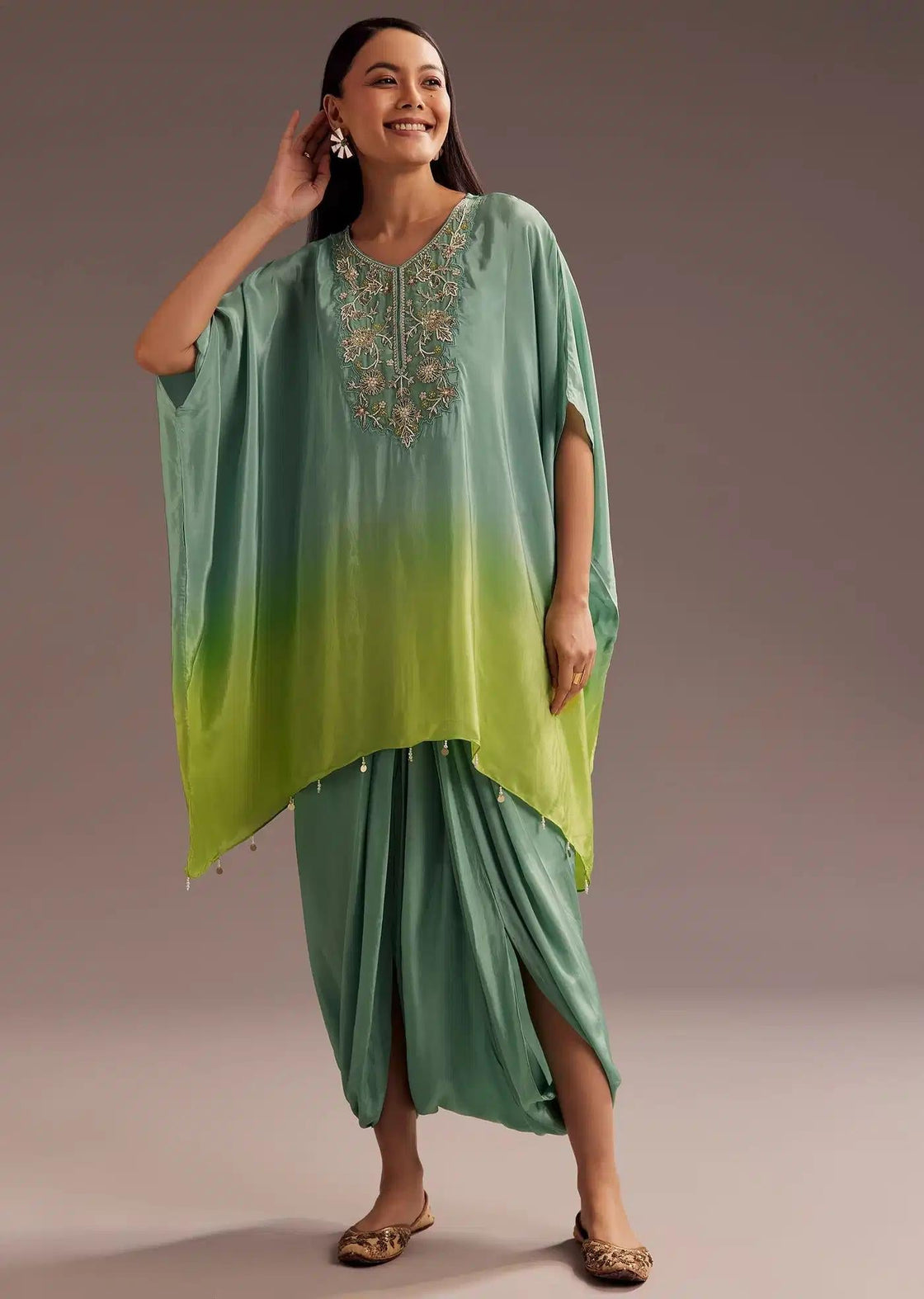 Aqua Green Ombre Kaftan Dhoti Set With Zardosi Embellishments