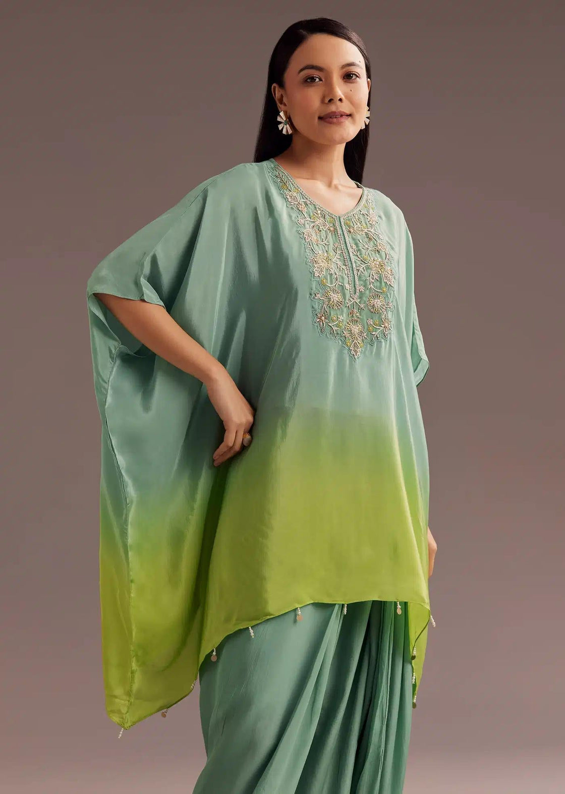 Aqua Green Ombre Kaftan Dhoti Set With Zardosi Embellishments