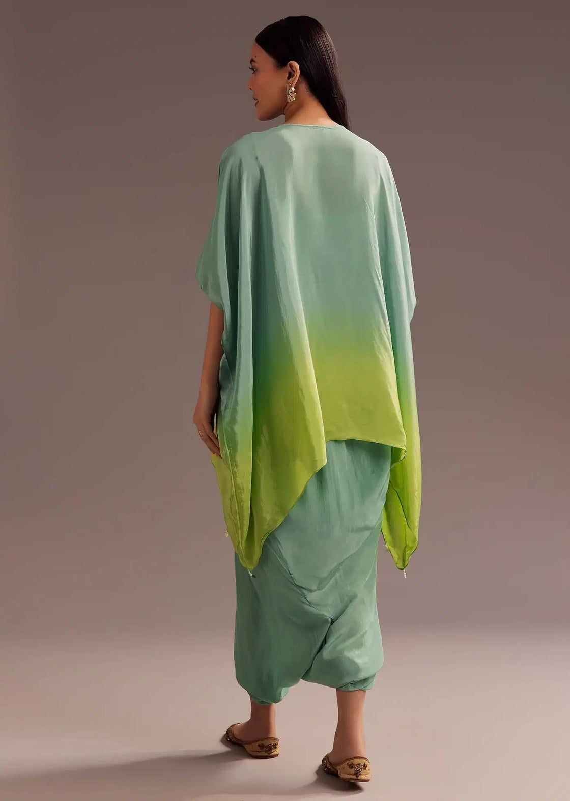 Aqua Green Ombre Kaftan Dhoti Set With Zardosi Embellishments