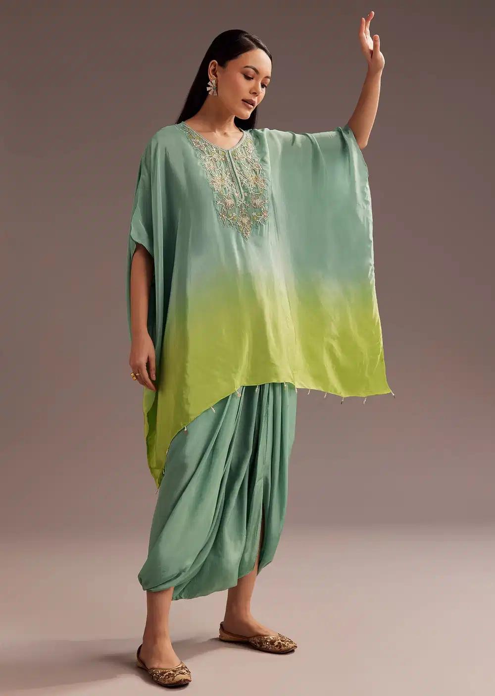Aqua Green Ombre Kaftan Dhoti Set With Zardosi Embellishments