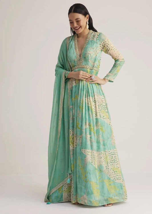 Aqua Green Patterned Anarkali Dress Featuring Handcrafted Drape