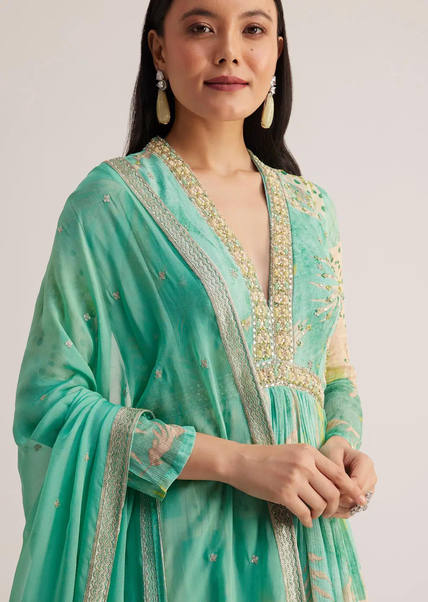 Aqua Green Patterned Anarkali Dress Featuring Handcrafted Drape