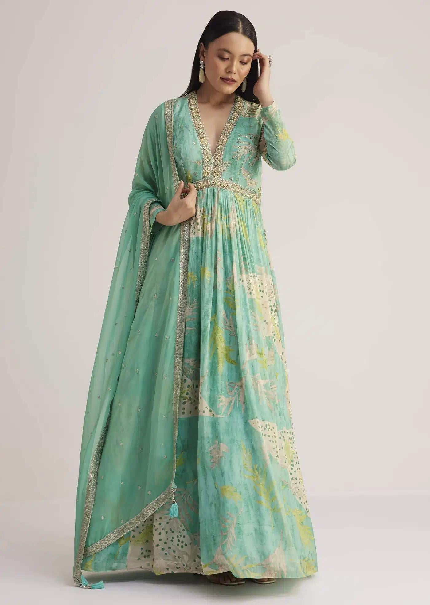 Aqua Green Patterned Anarkali Dress Featuring Handcrafted Drape