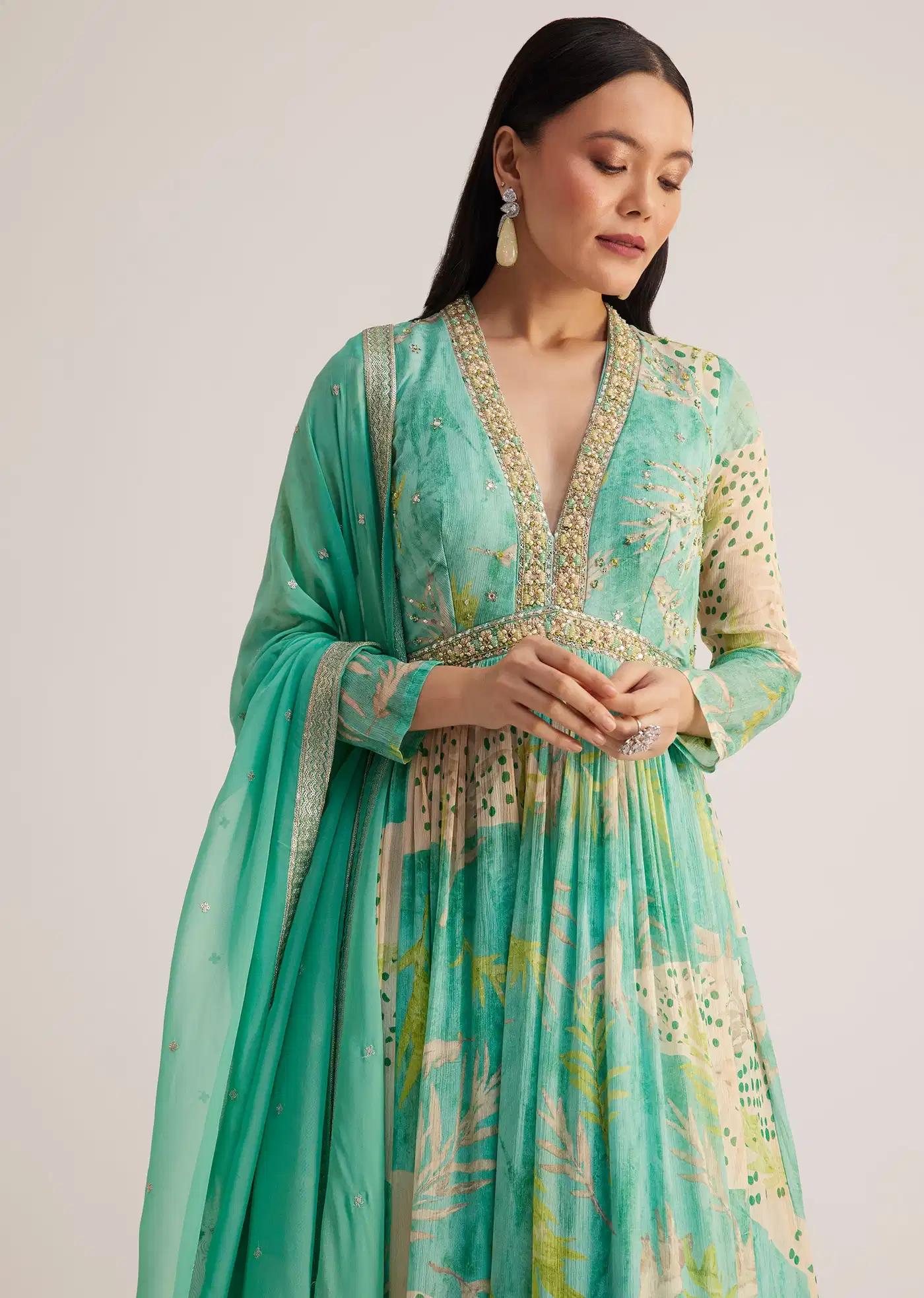 Aqua Green Patterned Anarkali Dress Featuring Handcrafted Drape