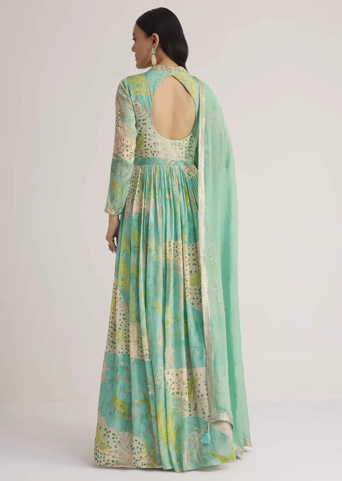 Aqua Green Patterned Anarkali Dress Featuring Handcrafted Drape
