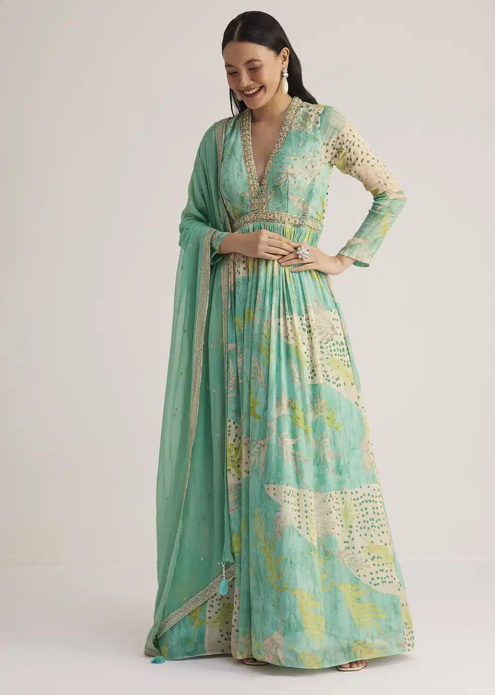 Aqua Green Patterned Anarkali Dress Featuring Handcrafted Drape
