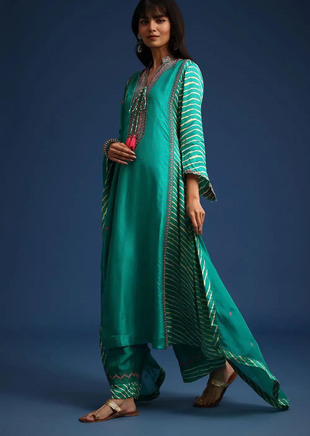 Aqua Green Raw Silk Embroidered Kurta Ensemble With Leheriya Print Panel Outfit