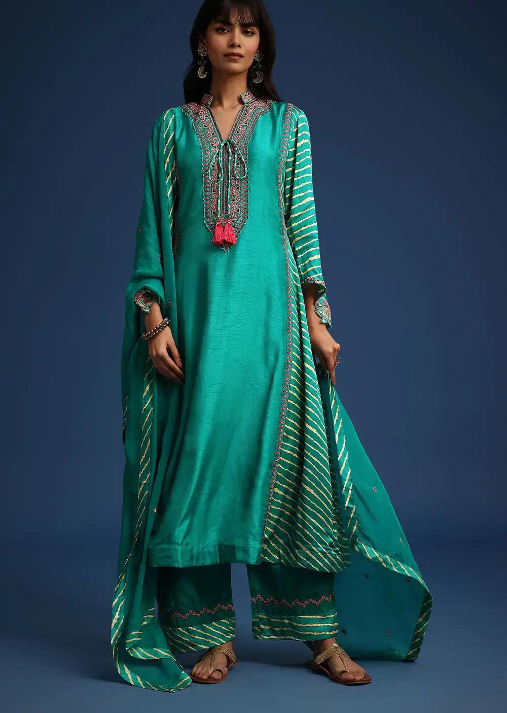 Aqua Green Raw Silk Embroidered Kurta Ensemble With Leheriya Print Panel Outfit