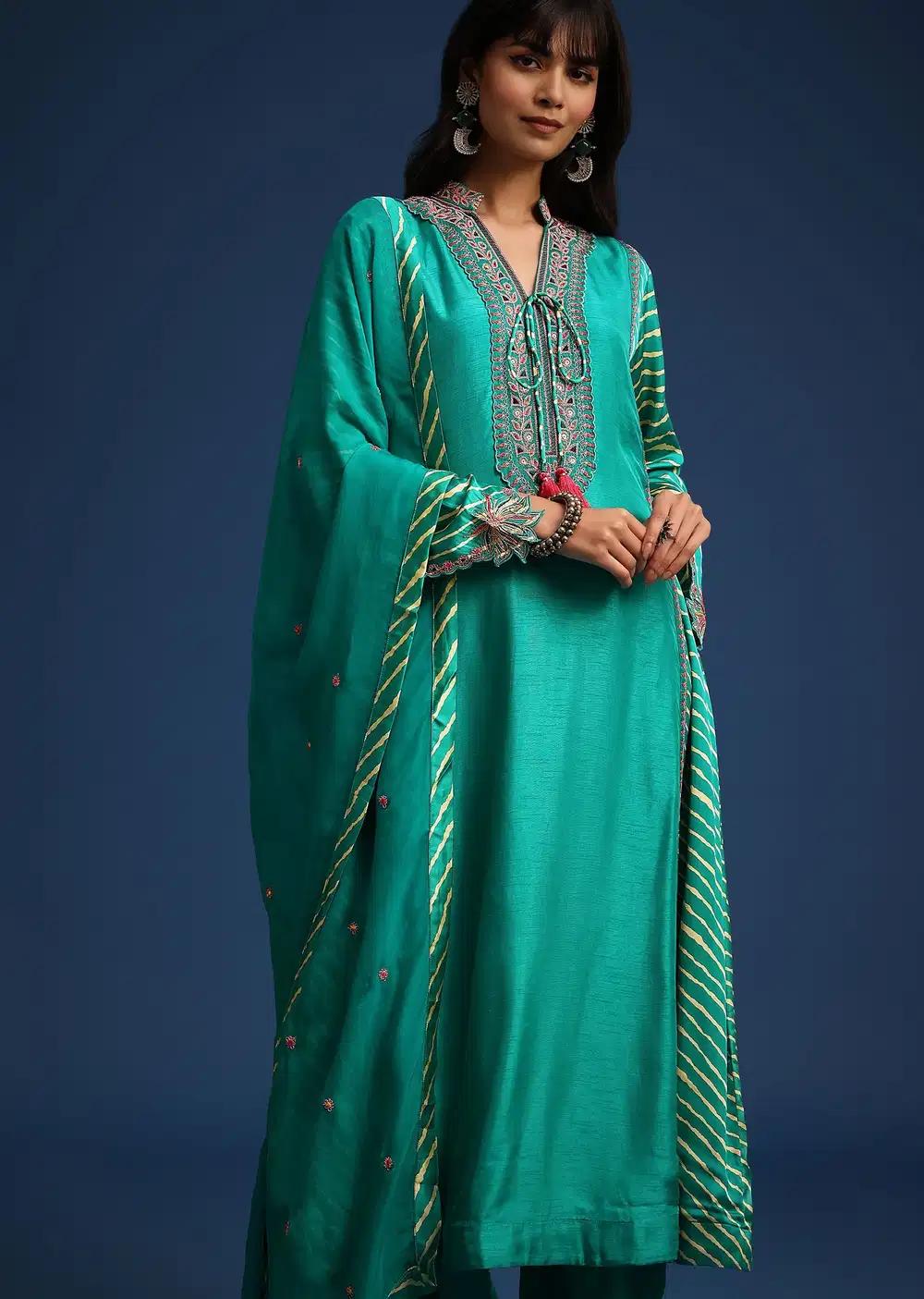 Aqua Green Raw Silk Embroidered Kurta Ensemble With Leheriya Print Panel Outfit