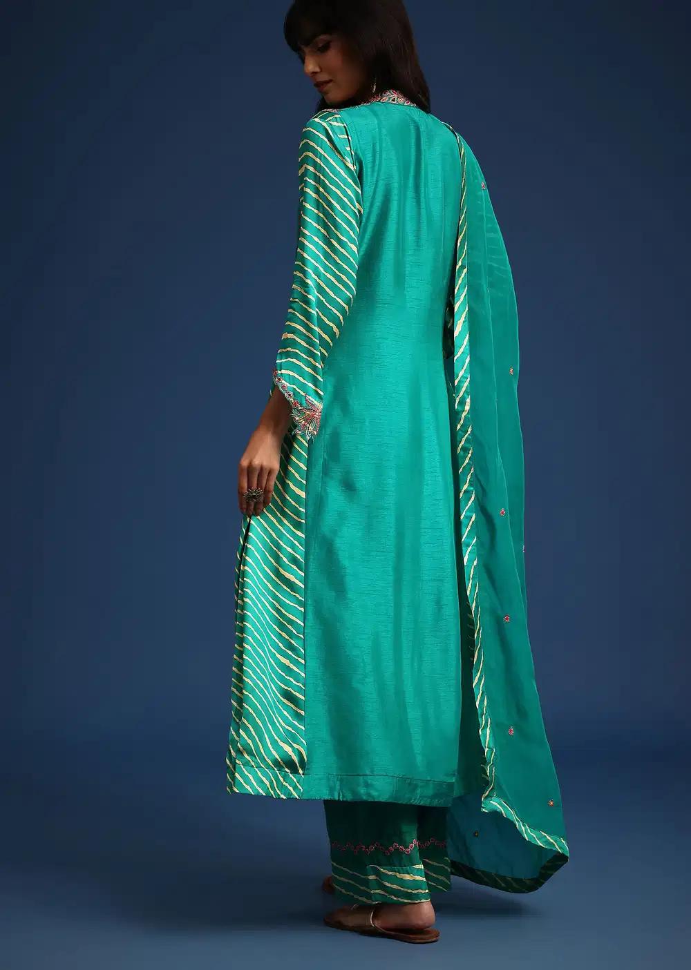 Aqua Green Raw Silk Embroidered Kurta Ensemble With Leheriya Print Panel Outfit